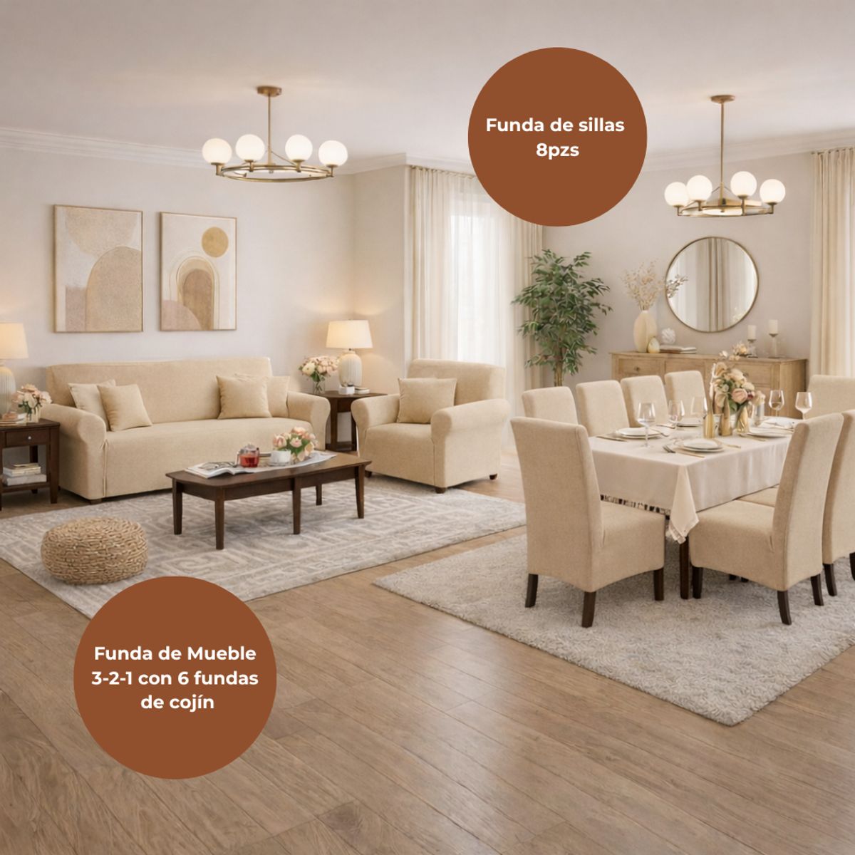 SALA FABULOSA - Pack Funda de mueble 3-2-1 con 8 fundas de silla Terciopelo Liso BEIGE