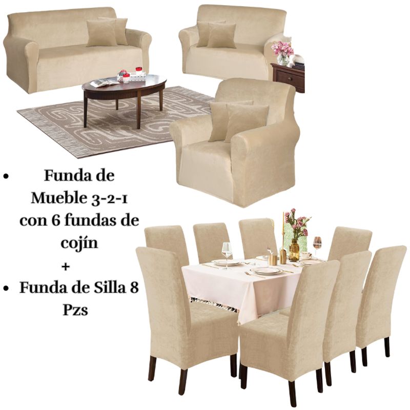 SALA FABULOSA - Pack Funda de mueble 3-2-1 con 8 fundas de silla Terciopelo Liso BEIGE