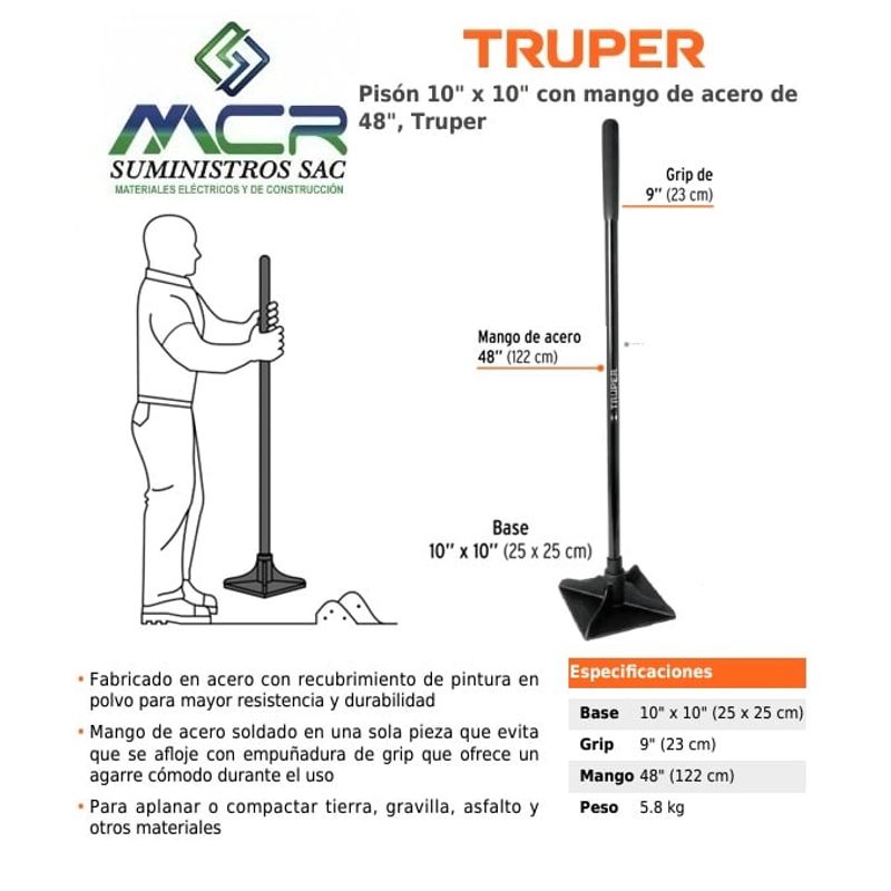 TRUPER - Pisón aplanador compactador 25 x 25cm mango de acero 48 pulgada Truper