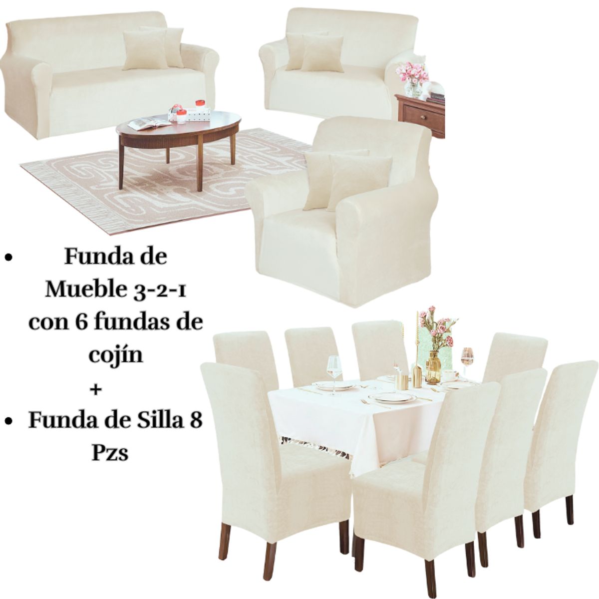 SALA FABULOSA - Pack Funda de mueble 3-2-1 con 8 fundas de silla Terciopelo Liso Crema