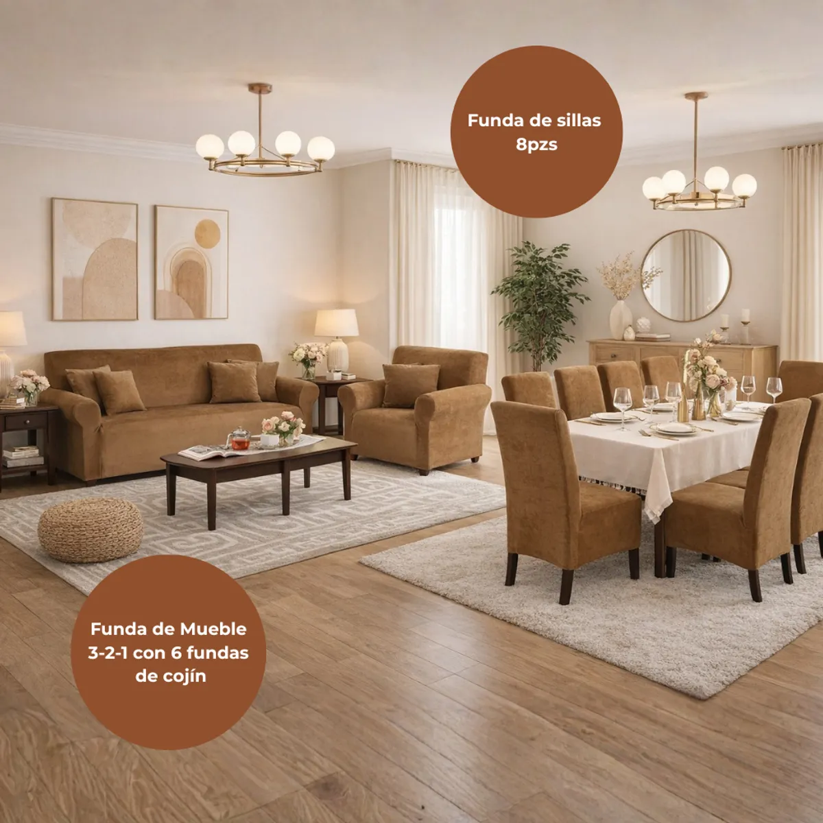 SALA FABULOSA - Pack Funda de mueble 3-2-1 con 8 fundas de silla Terciopelo Liso CAMEL