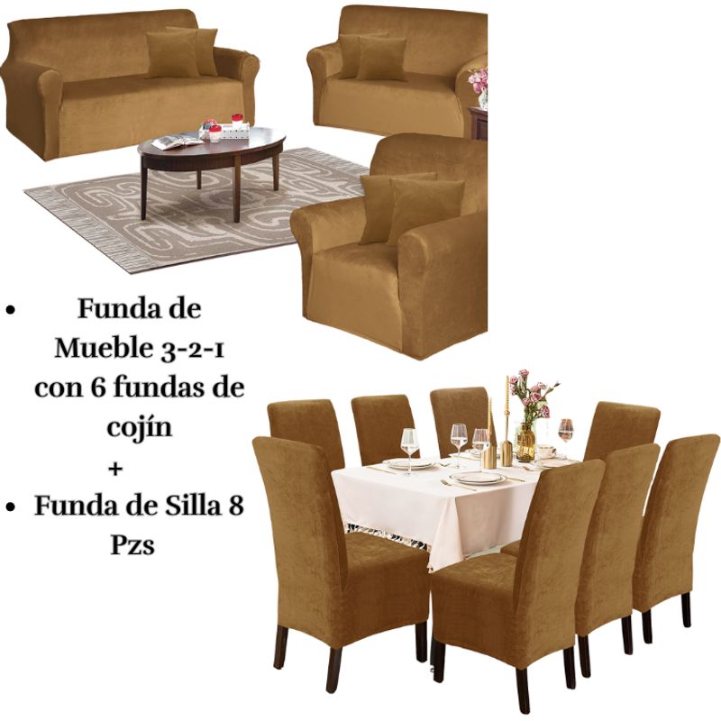 SALA FABULOSA - Pack Funda de mueble 3-2-1 con 8 fundas de silla Terciopelo Liso CAMEL