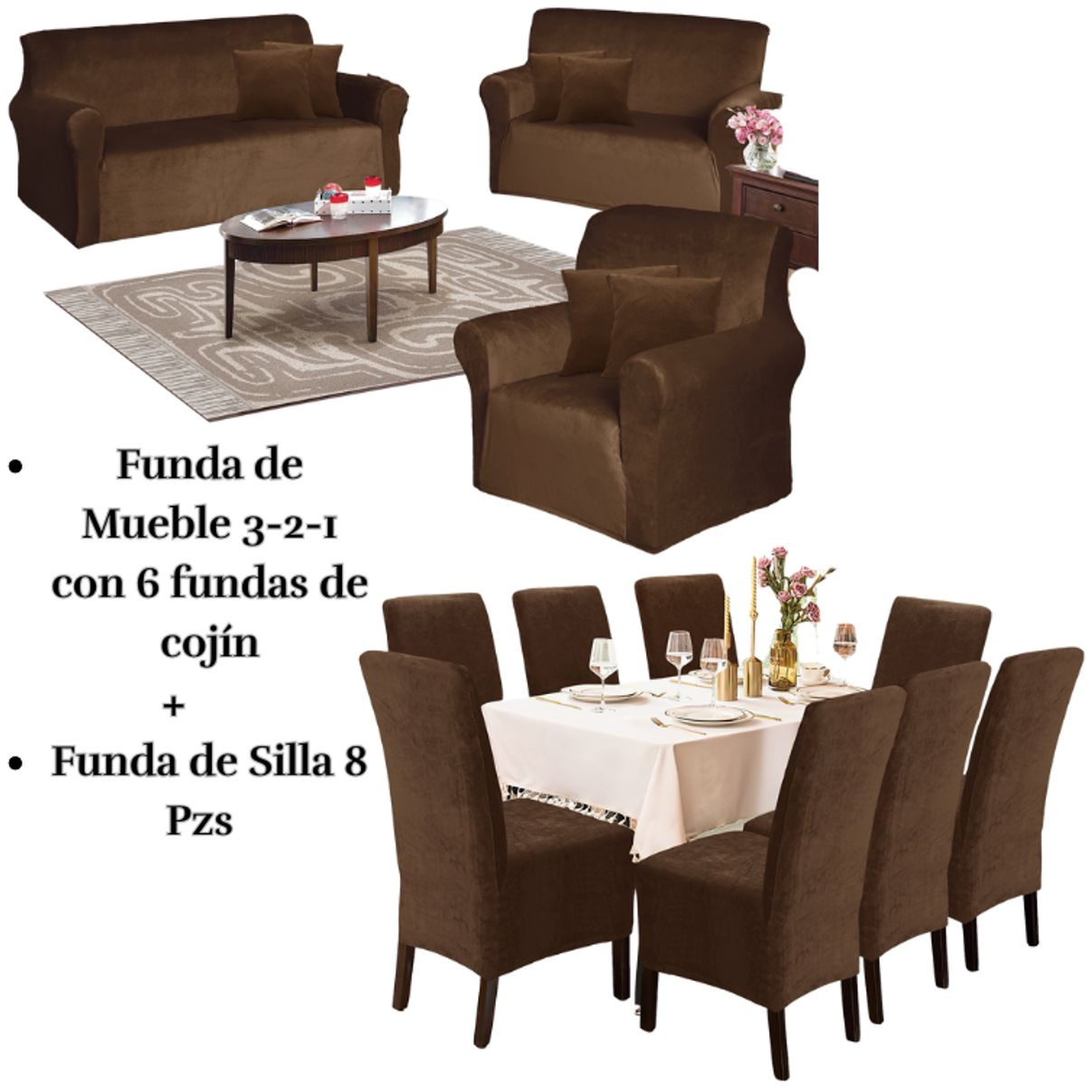 SALA FABULOSA - Pack Funda de mueble 3-2-1 con 8 fundas de silla Terciopelo Liso CHOCOLATE