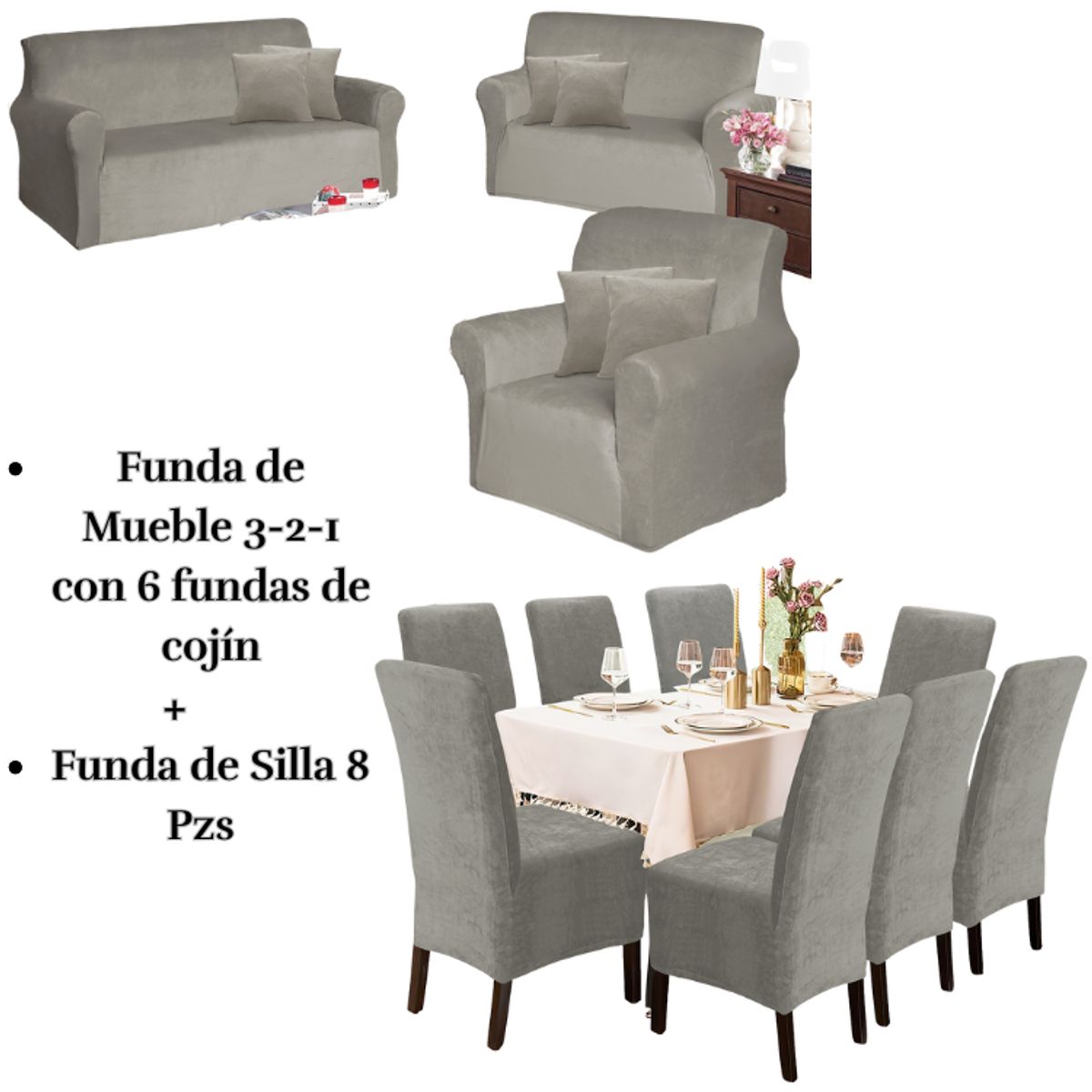 SALA FABULOSA - Pack Funda de mueble 3-2-1 con 8 fundas de silla Terciopelo Liso GRIS