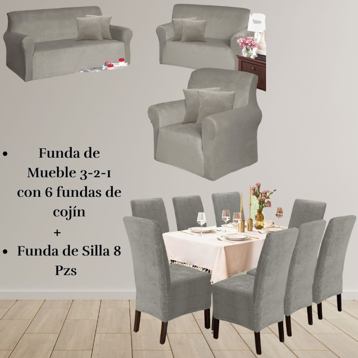 SALA FABULOSA - Pack Funda de mueble 3-2-1 con 8 fundas de silla Terciopelo Liso GRIS