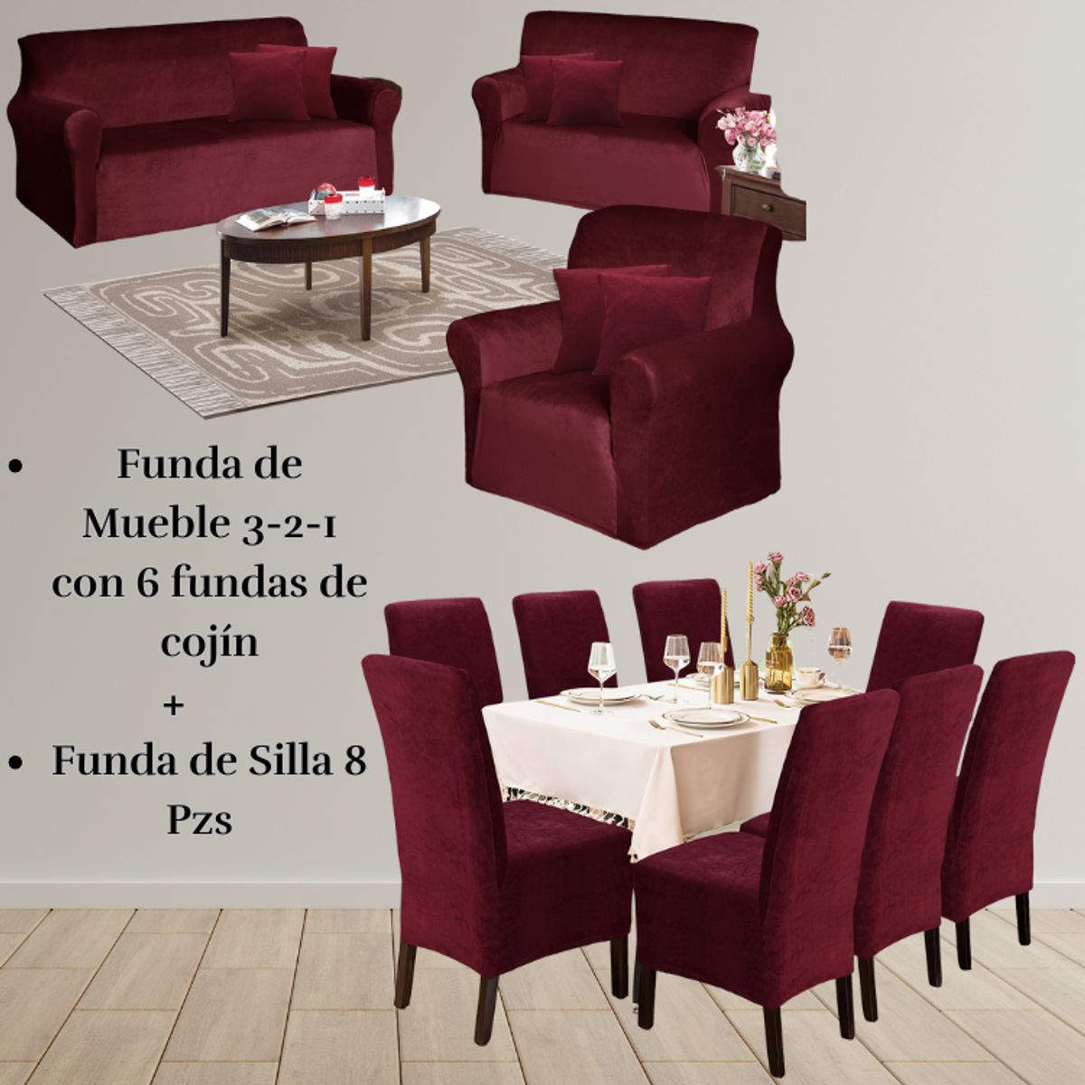 SALA FABULOSA - Pack Funda de mueble 3-2-1 con 8 fundas de silla Terciopelo Liso GUINDA
