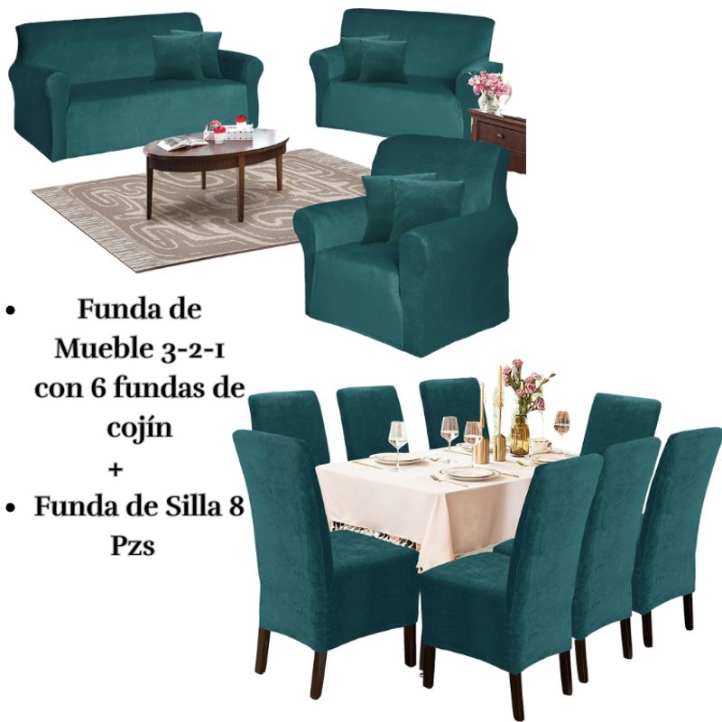 SALA FABULOSA - Pack Funda de mueble 3-2-1 con 8 fundas de silla Terciopelo Liso JADE