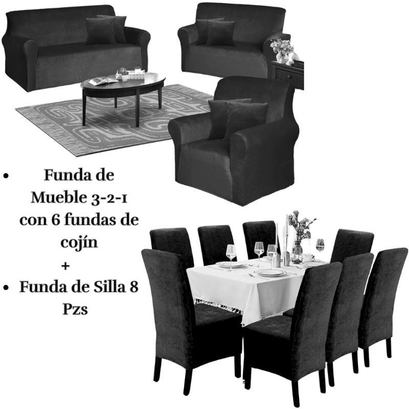 SALA FABULOSA - Pack Funda de mueble 3-2-1 con 8 fundas de silla Terciopelo Liso NEGRO