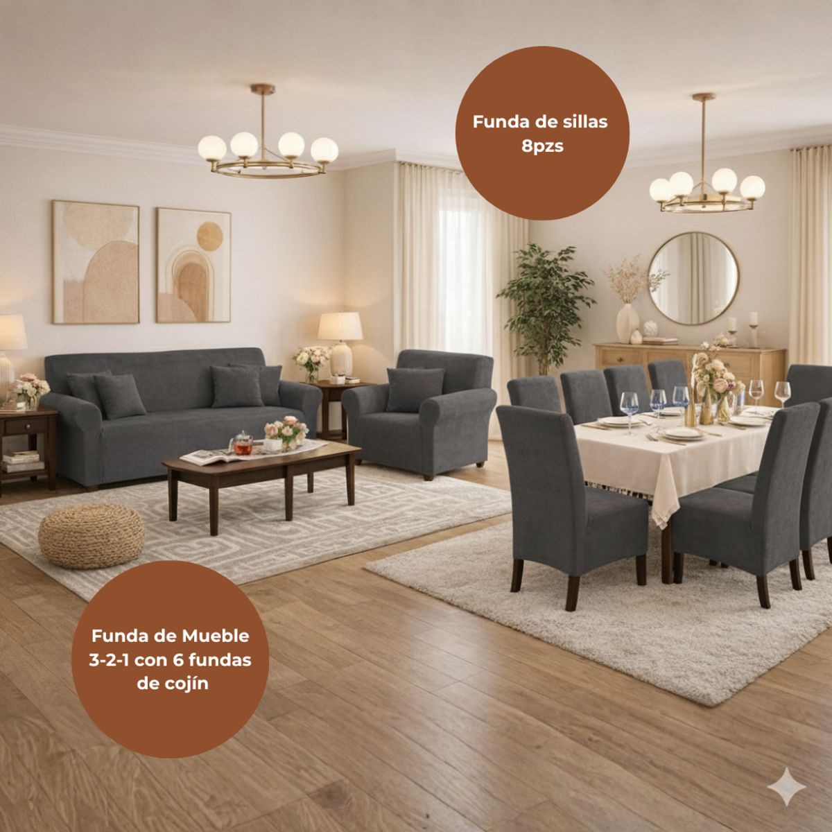 SALA FABULOSA - Pack Funda de mueble 3-2-1 con 8 fundas de silla Terciopelo Liso PLOMO