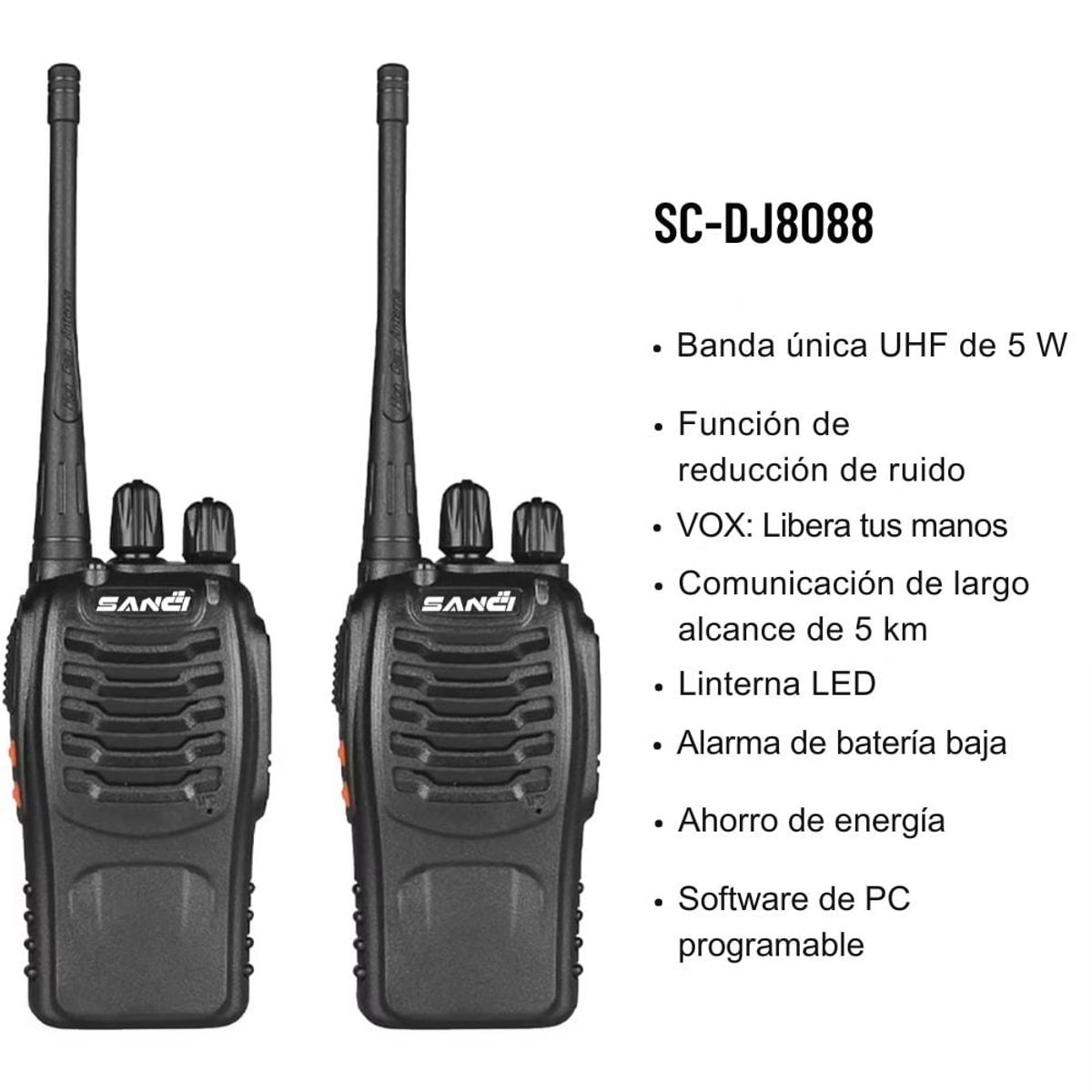 SANC - Walkie talkie portátil con linterna, 5 km de alcance con 16 canales