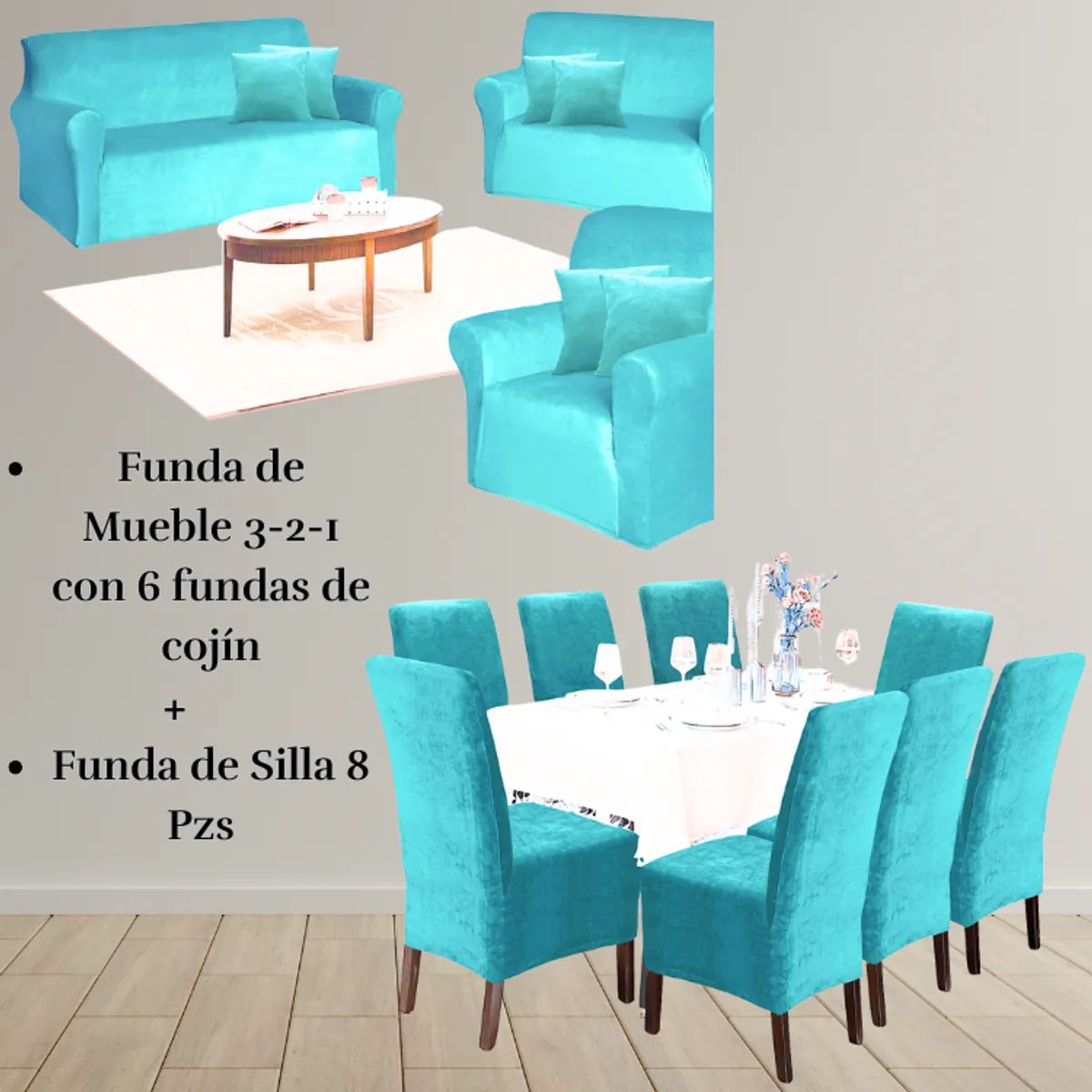 SALA FABULOSA - Pack Funda de mueble 3-2-1 con 8 fundas de silla Terciopelo Liso TURQUESA