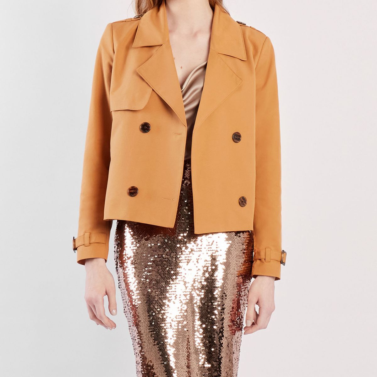 CAMILA VIALI - Camila Viali Cropped trench coat camel corta para mujer