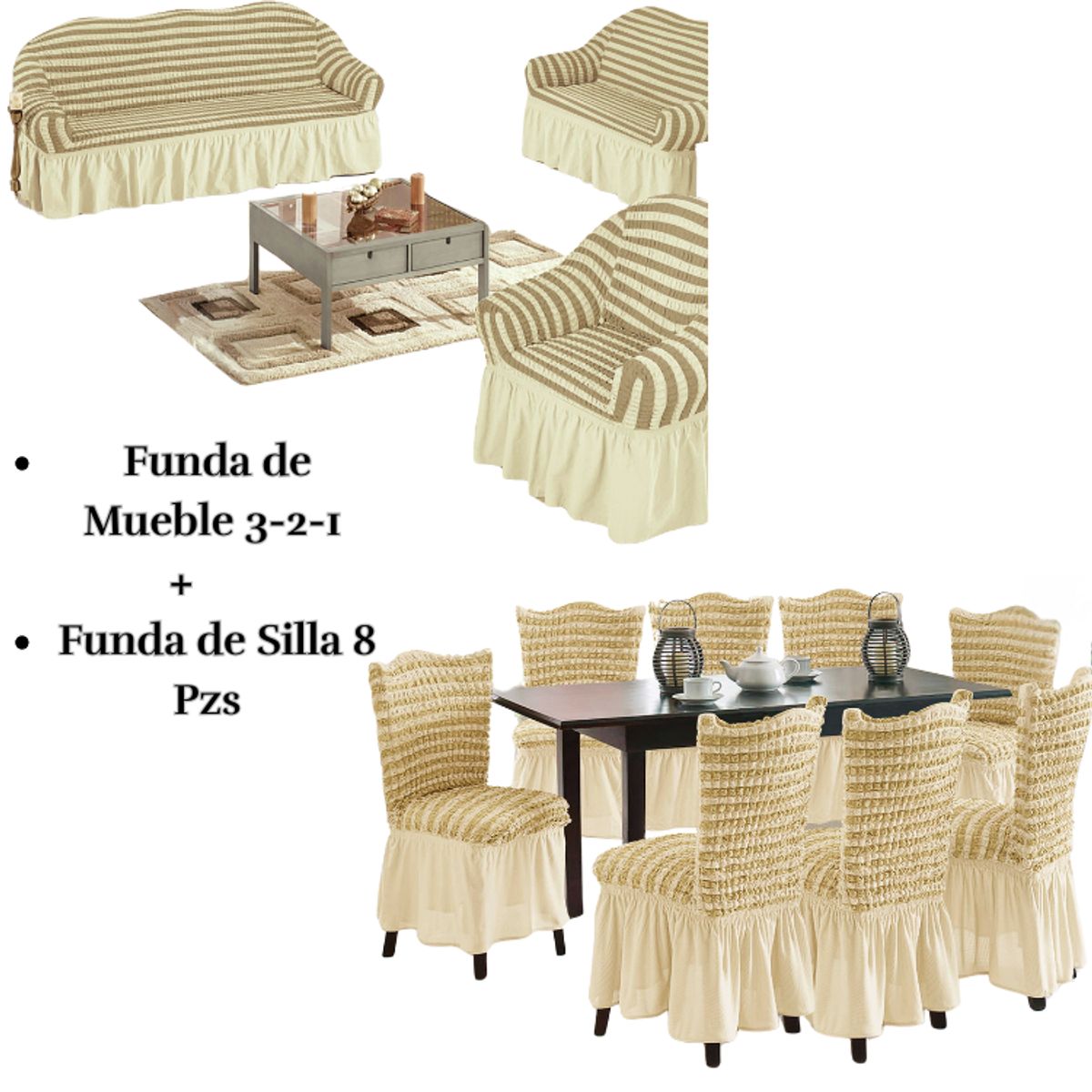 SALA FABULOSA - Pack Funda de mueble 3-2-1 con 8 fundas de silla Burbuja Bicolor BEIGE