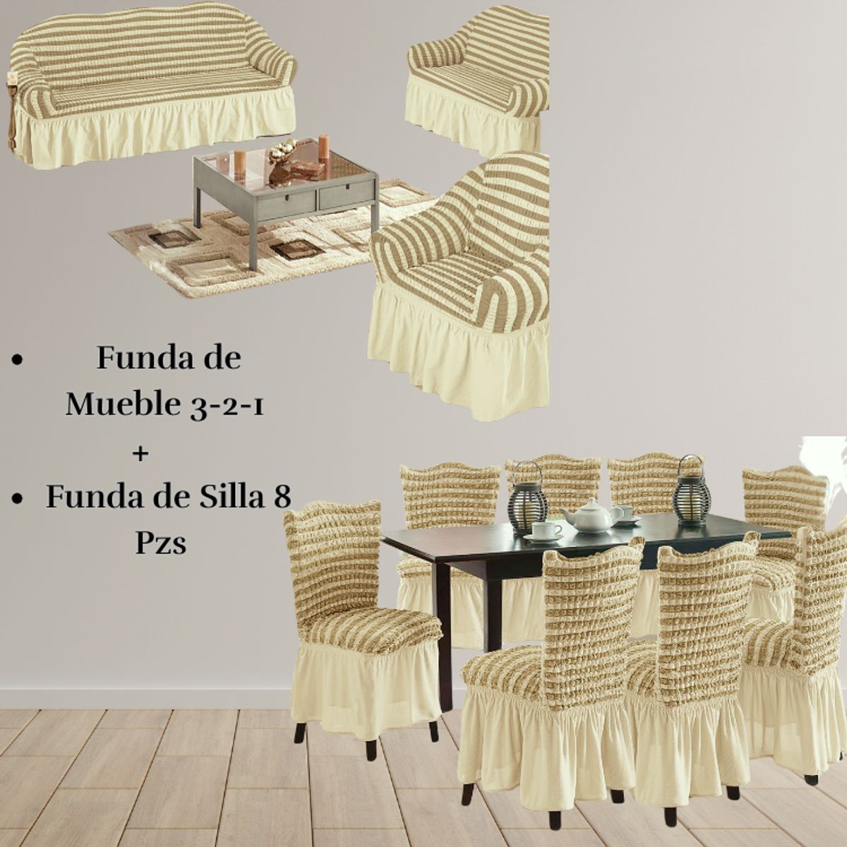 SALA FABULOSA - Pack Funda de mueble 3-2-1 con 8 fundas de silla Burbuja Bicolor BEIGE