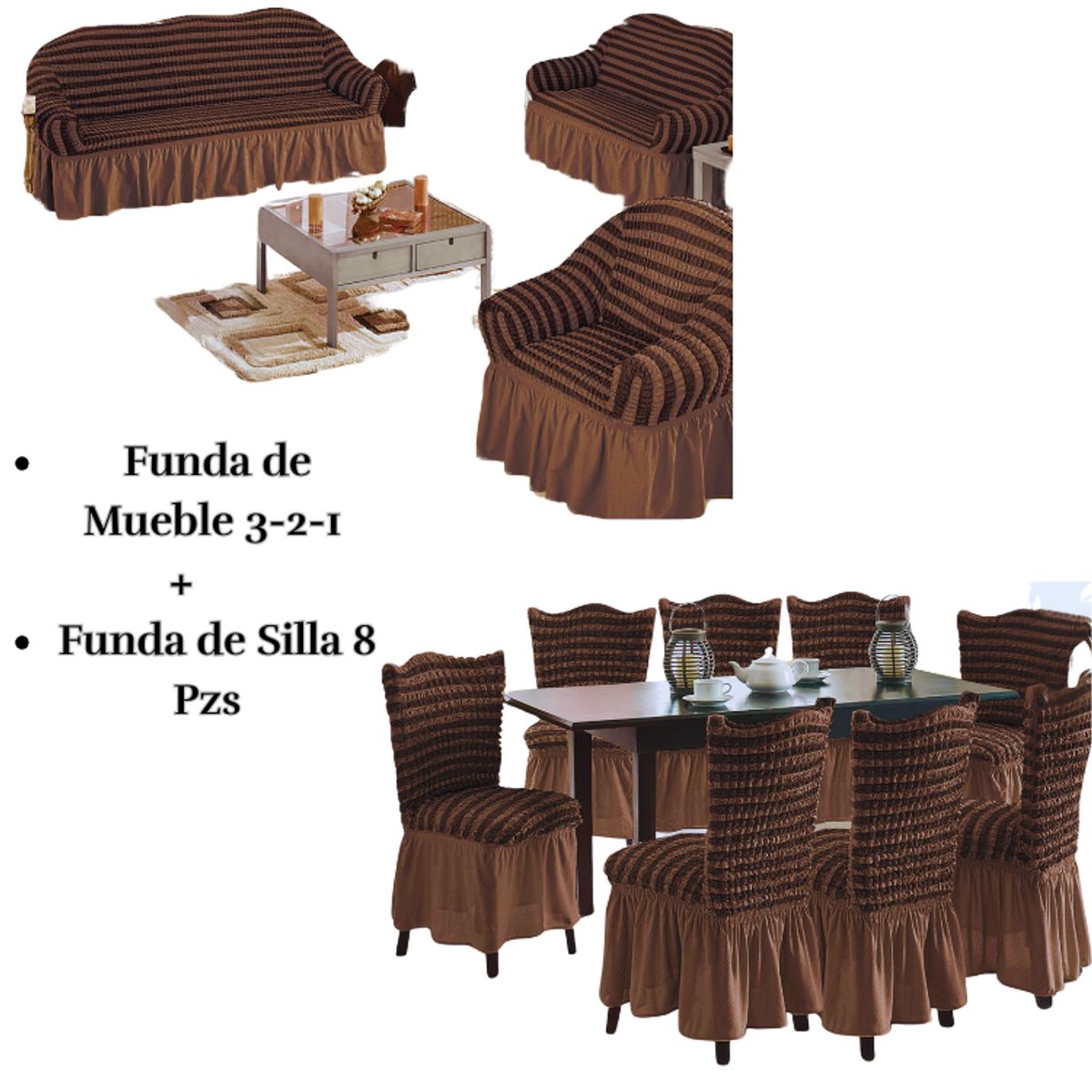 SALA FABULOSA - Pack Funda de mueble 3-2-1 con 8 fundas de silla Burbuja Bicolor CHOCOLATE
