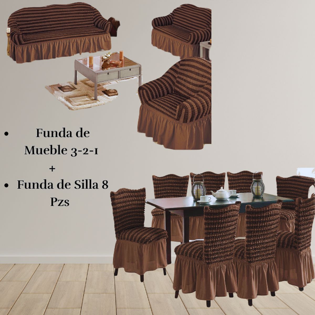 SALA FABULOSA - Pack Funda de mueble 3-2-1 con 8 fundas de silla Burbuja Bicolor CHOCOLATE