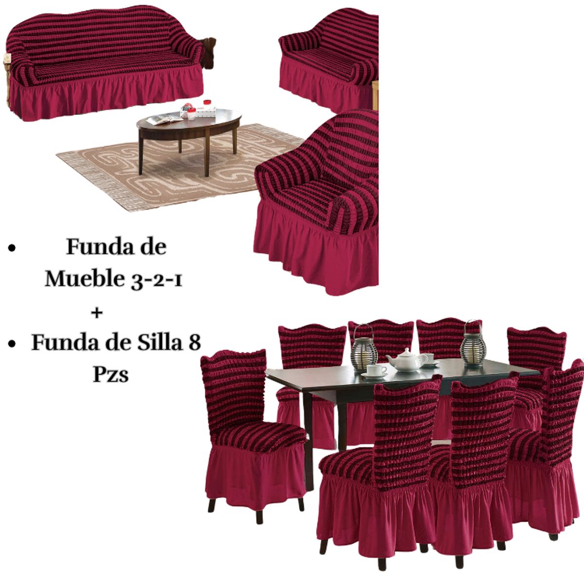 SALA FABULOSA - Pack Funda de mueble 3-2-1 con 8 fundas de silla Burbuja Bicolor GUINDA