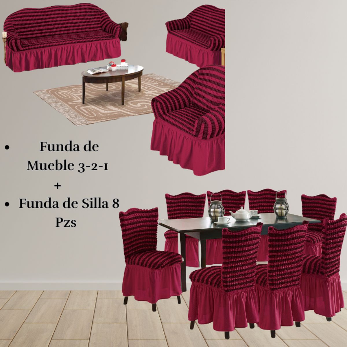 SALA FABULOSA - Pack Funda de mueble 3-2-1 con 8 fundas de silla Burbuja Bicolor GUINDA