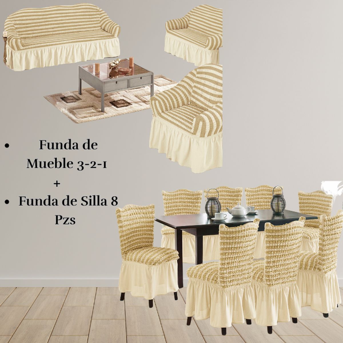 SALA FABULOSA - Pack Funda de mueble 3-2-1 con 8 fundas de silla Burbuja Bicolor MAIZ