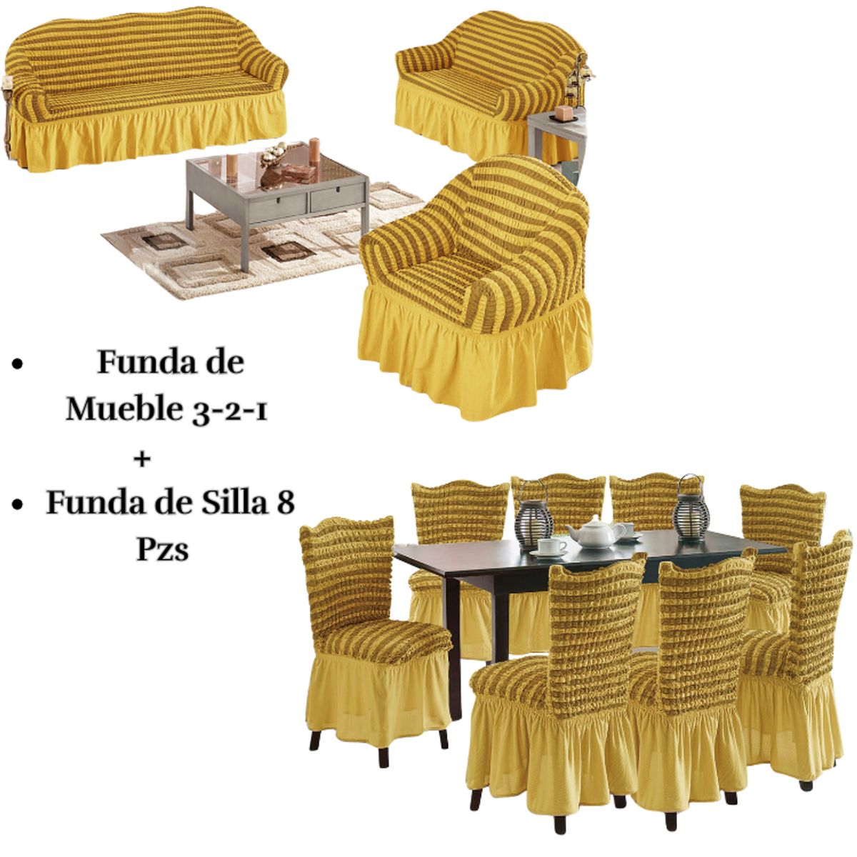 SALA FABULOSA - Pack Funda de mueble 3-2-1 con 8 fundas de silla Burbuja Bicolor ORO