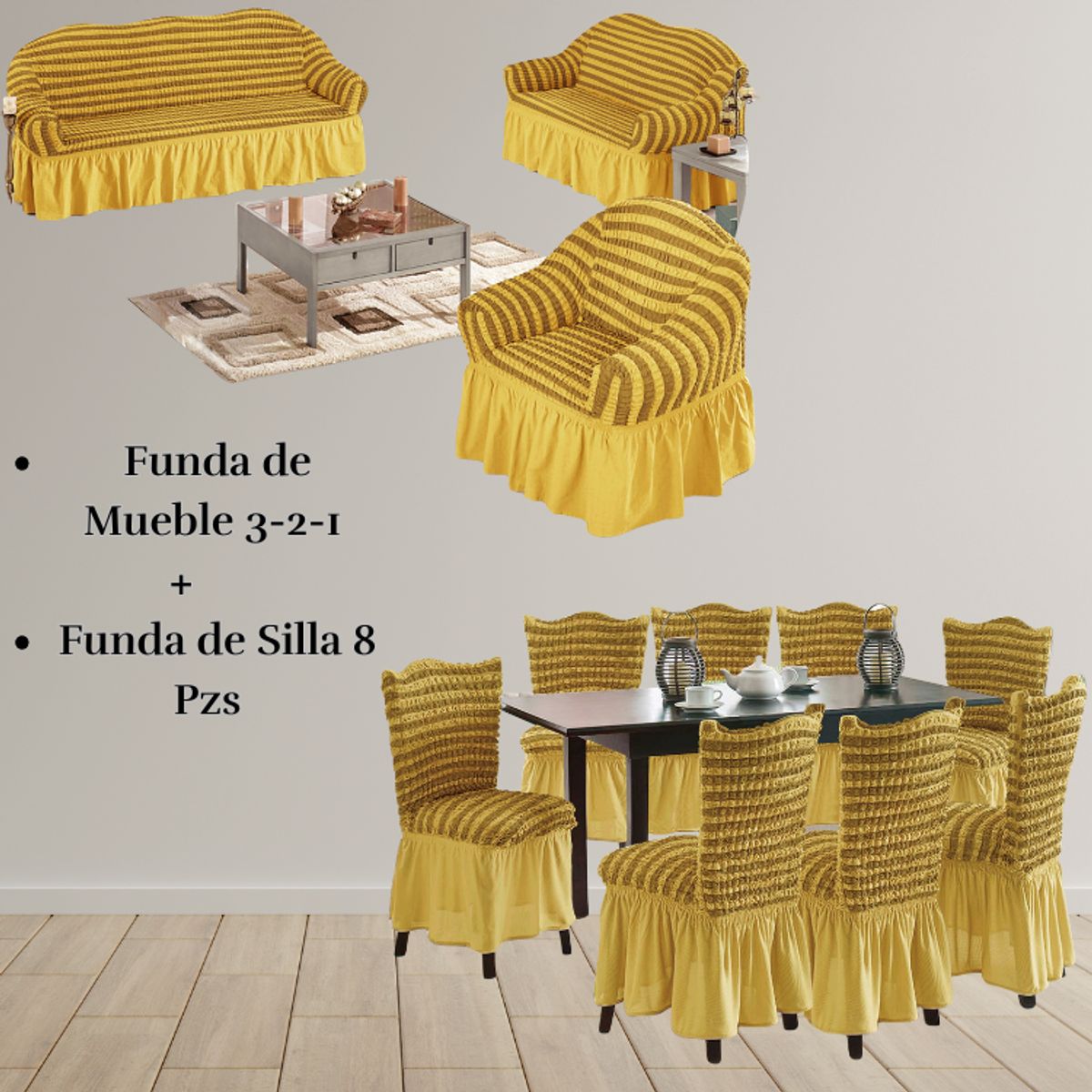 SALA FABULOSA - Pack Funda de mueble 3-2-1 con 8 fundas de silla Burbuja Bicolor ORO