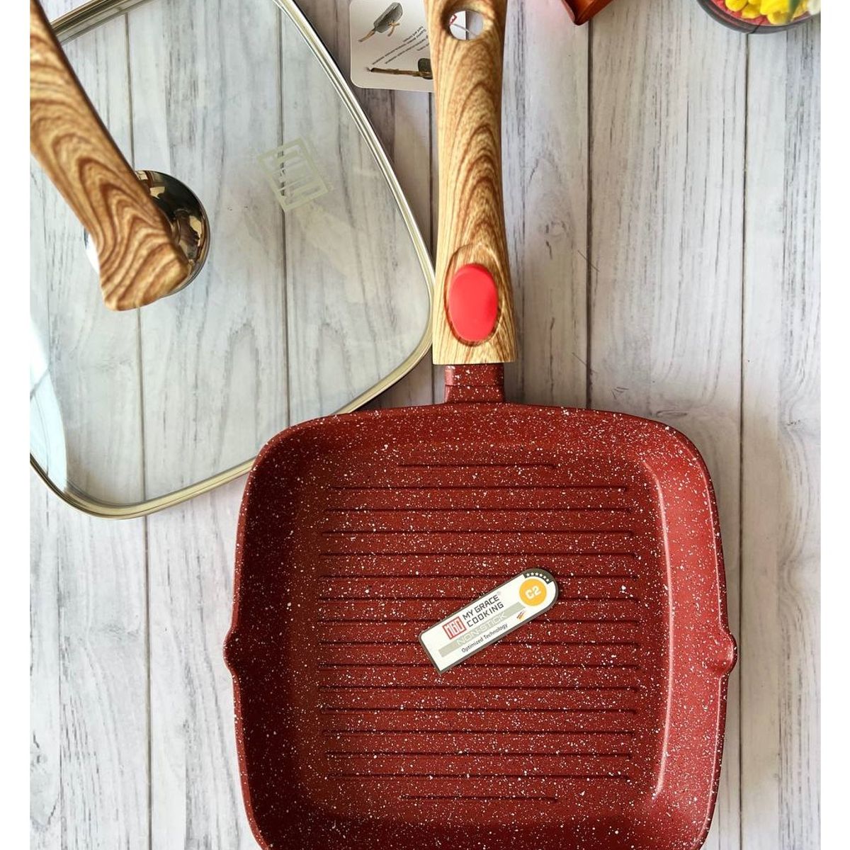 GENERICO - Sarten Antiadherente Granito Tipo Parrillero 24cm Rojo