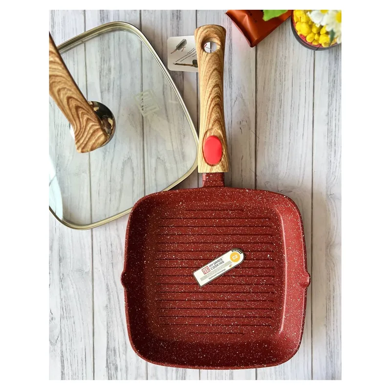 GENERICO - Sarten Antiadherente Granito Tipo Parrillero 24cm Rojo