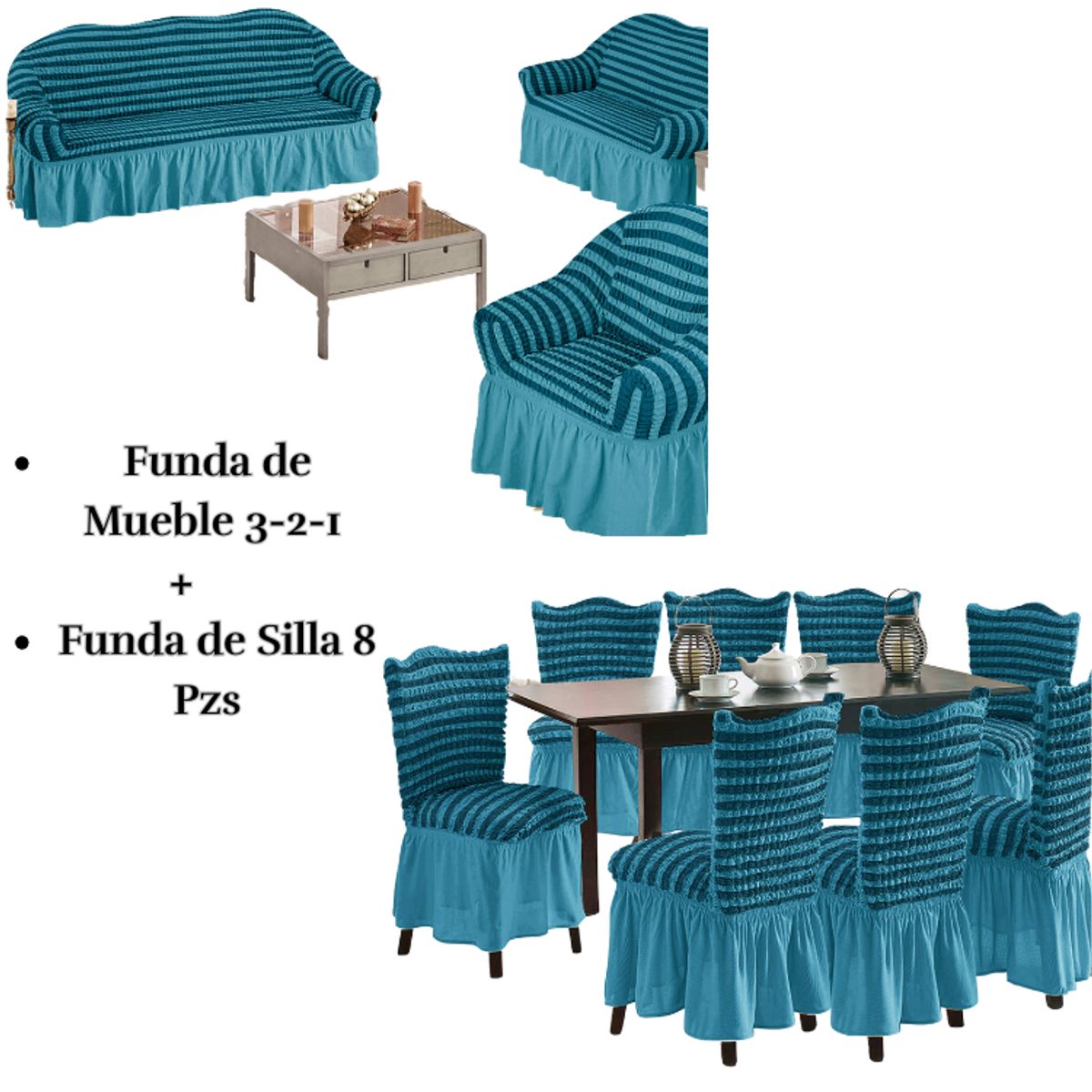 SALA FABULOSA - Pack Funda de mueble 3-2-1 con 8 fundas de silla Burbuja Bicolor TURQUESA