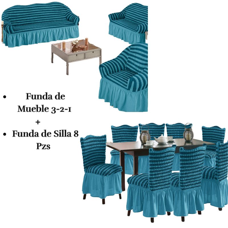 SALA FABULOSA - Pack Funda de mueble 3-2-1 con 8 fundas de silla Burbuja Bicolor TURQUESA