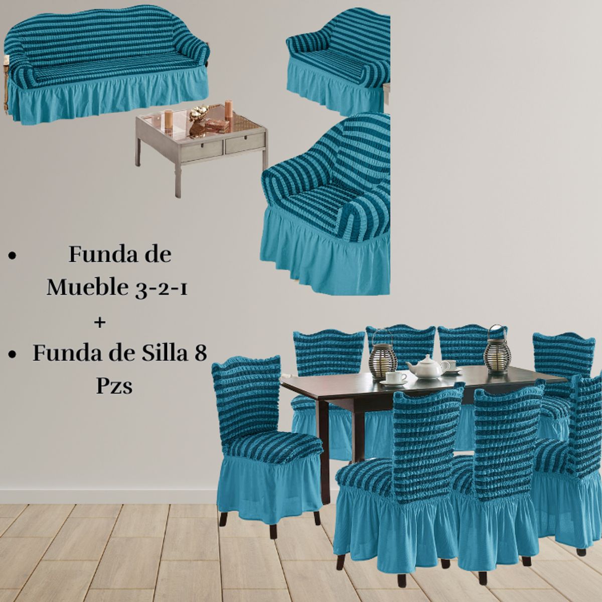 SALA FABULOSA - Pack Funda de mueble 3-2-1 con 8 fundas de silla Burbuja Bicolor TURQUESA