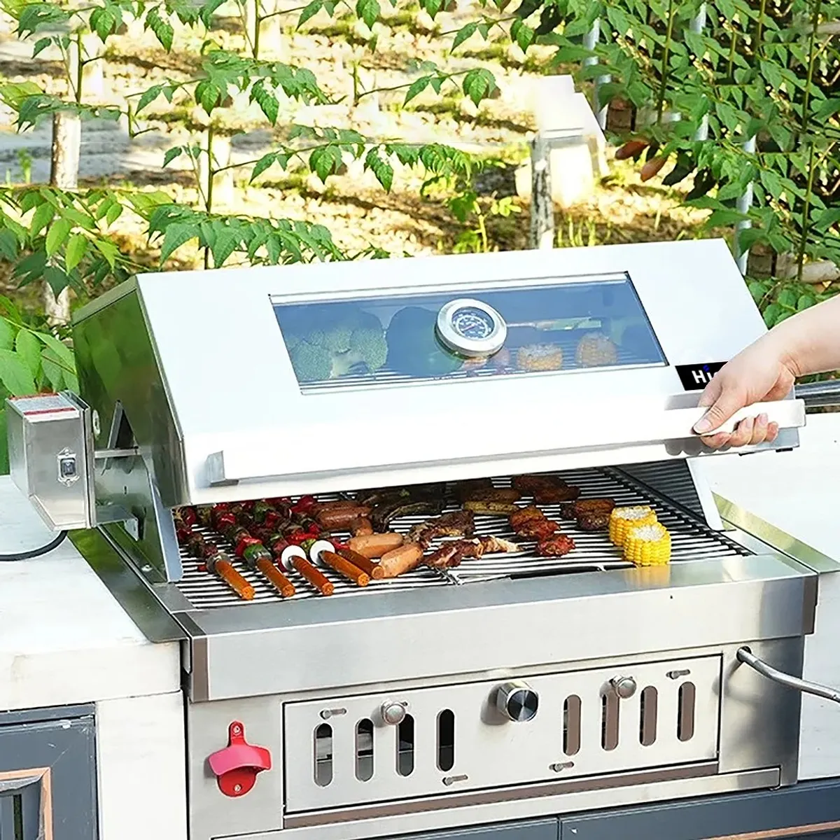 HIGRILL - Parrilla a carbón con tapa para emportrar de acero inoxidable