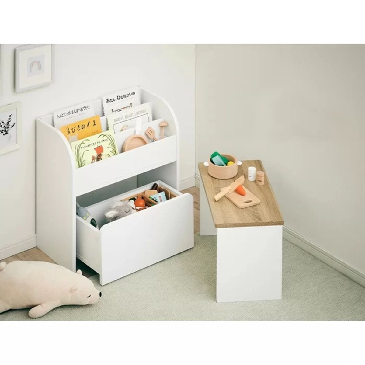TU MESITA - Mueble Infantil 3 en 1 Librero+Mesa+Baúl Italo color Blanco TU MESITA