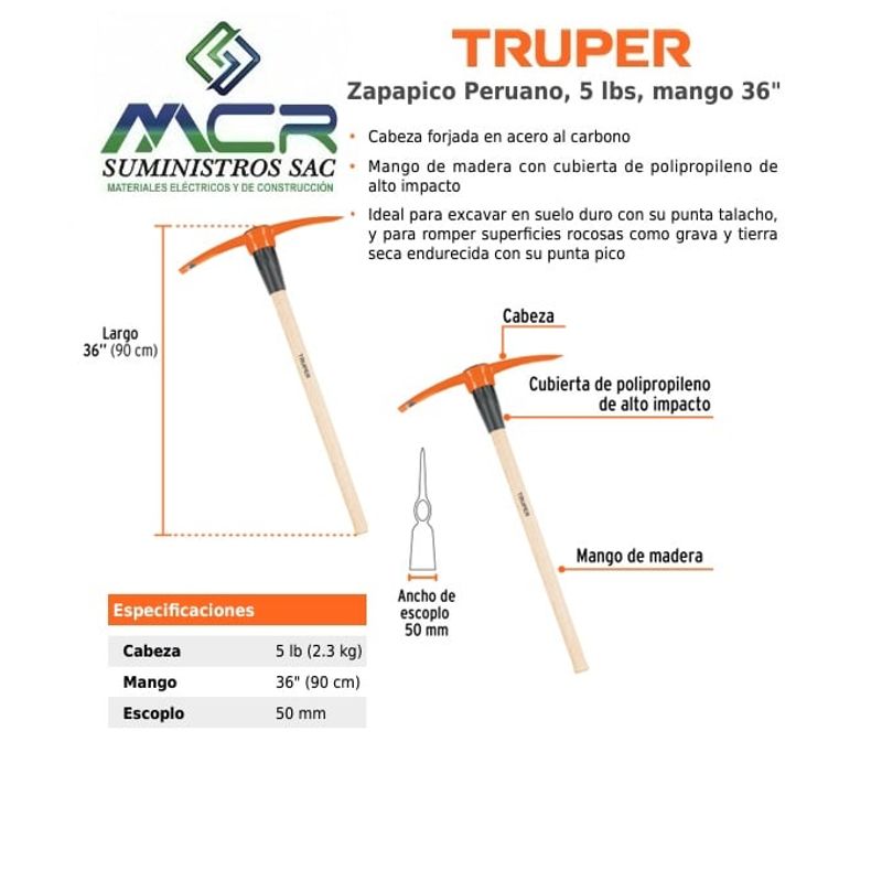 TRUPER - Zapapico Peruano de 5 lbs con mango 36" -90cm escoplo 50mm truper