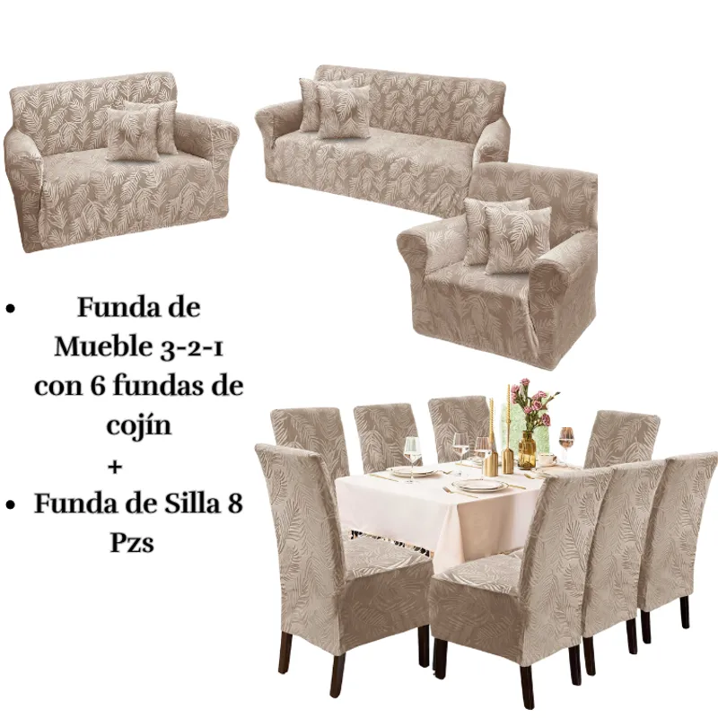 SALA FABULOSA - Pack Funda de mueble 3-2-1 con 8 fundas de silla Terciopelo Labrado BEIGE