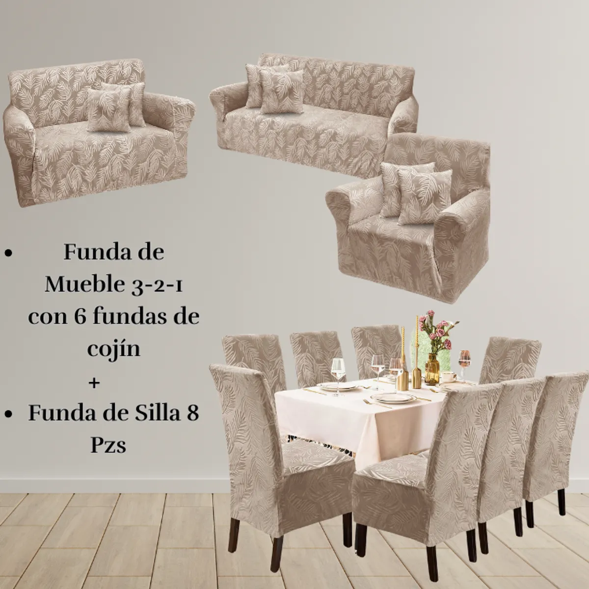 SALA FABULOSA - Pack Funda de mueble 3-2-1 con 8 fundas de silla Terciopelo Labrado BEIGE