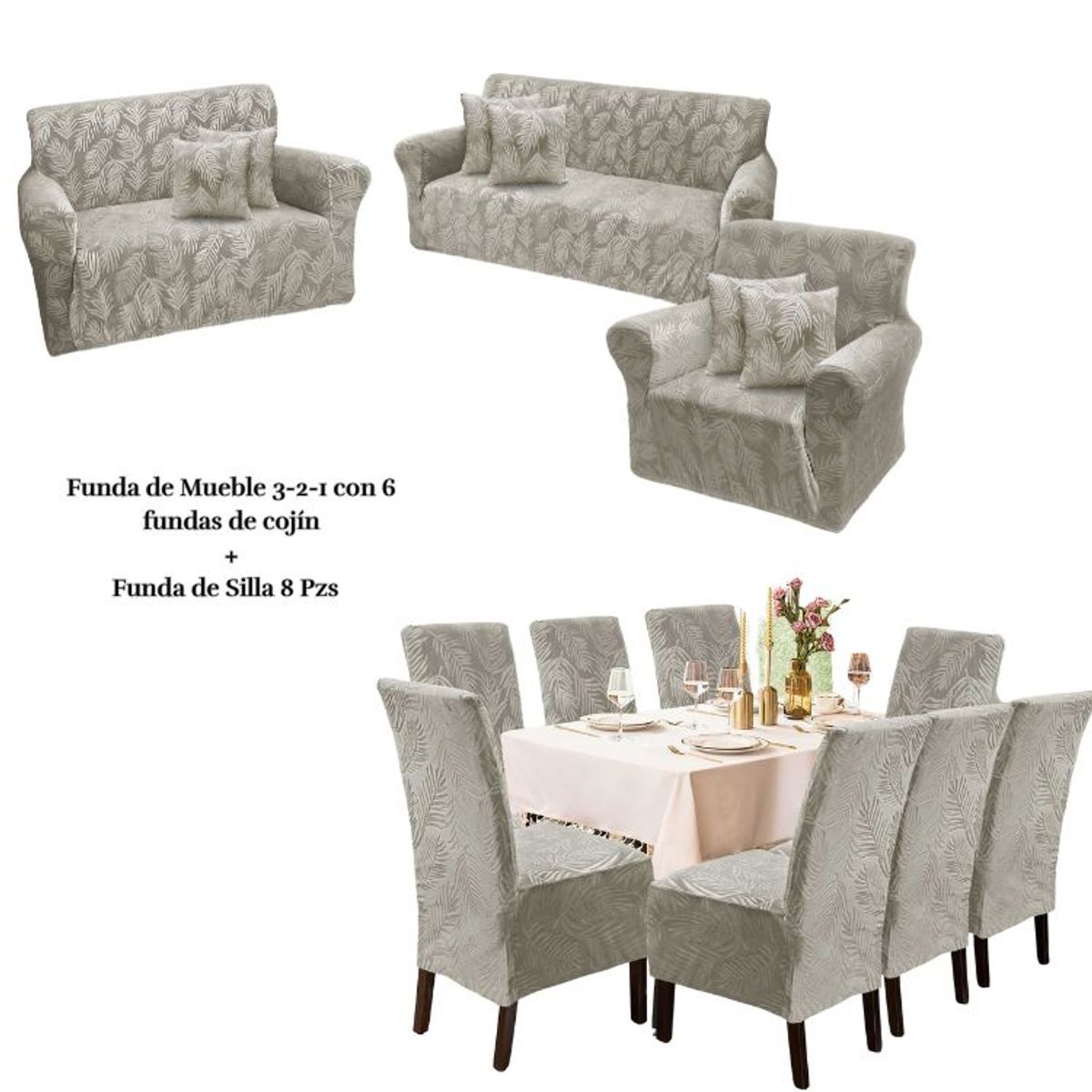 SALA FABULOSA - Pack Funda de mueble 3-2-1 con 8 fundas de silla Labrado GRIS