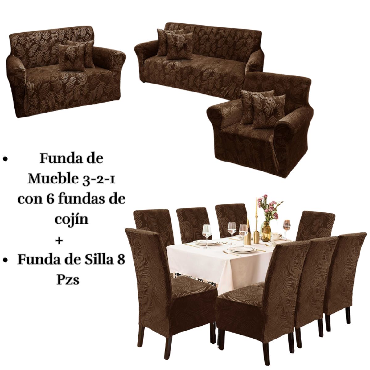 SALA FABULOSA - Pack Funda de mueble 3-2-1 con 8 fundas de silla Labrado ORO VIEJO