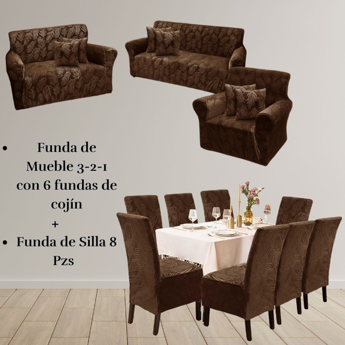 SALA FABULOSA - Pack Funda de mueble 3-2-1 con 8 fundas de silla Labrado ORO VIEJO