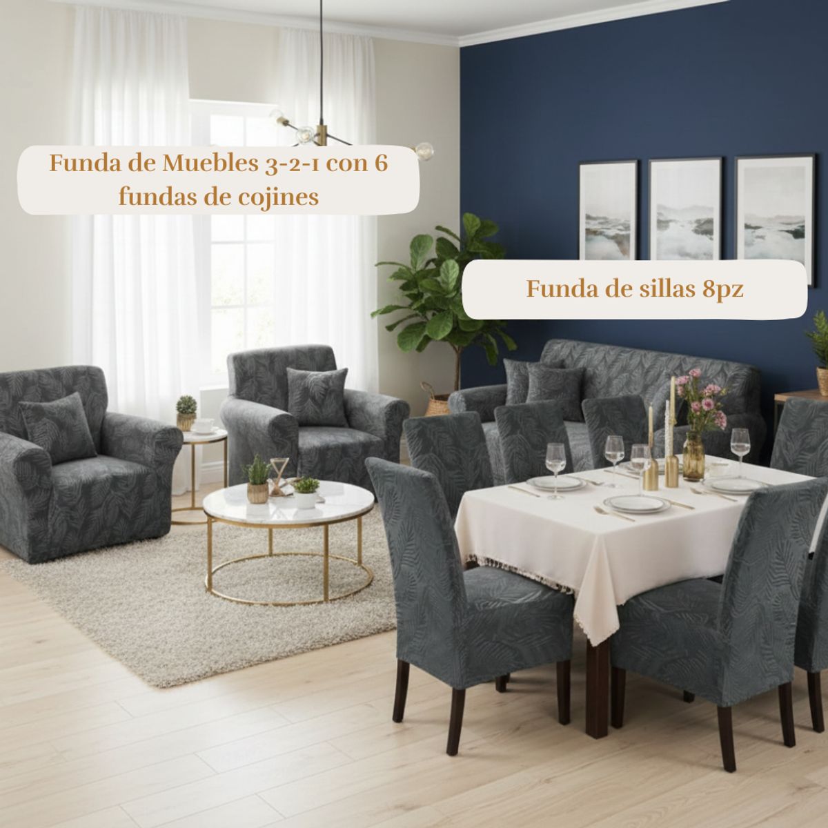 SALA FABULOSA - Pack Funda de mueble 3-2-1 con 8 fundas de silla Labrado PLOMO