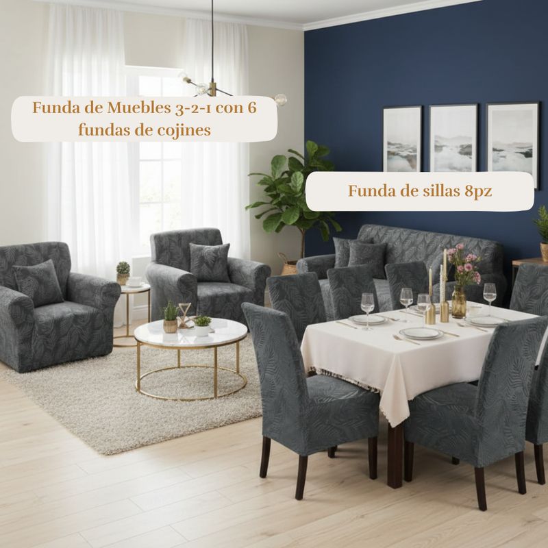SALA FABULOSA - Pack Funda de mueble 3-2-1 con 8 fundas de silla Labrado PLOMO