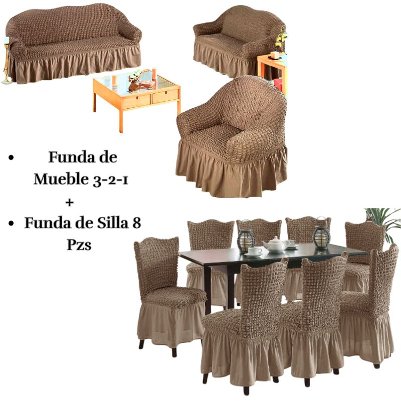 SALA FABULOSA - Pack Funda de mueble 3-2-1 con 8 fundas de silla Burbuja BEIGE