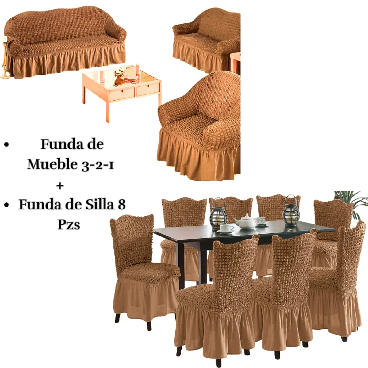 SALA FABULOSA - Pack Funda de mueble 3-2-1 con 8 fundas de silla Burbuja CAMEL
