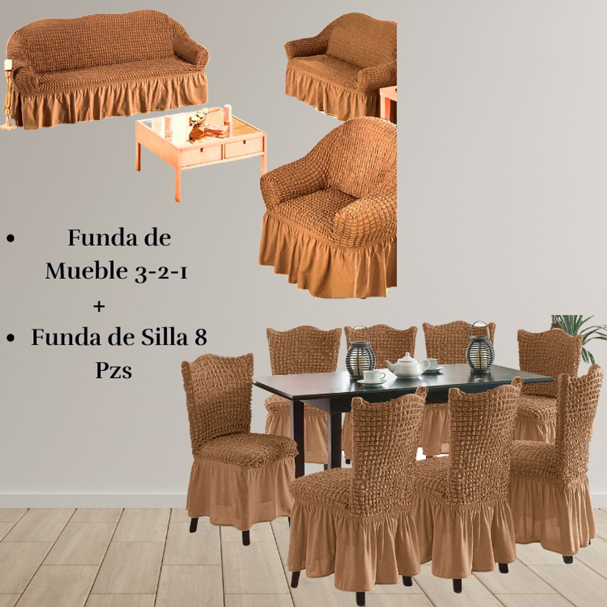 SALA FABULOSA - Pack Funda de mueble 3-2-1 con 8 fundas de silla Burbuja CAMEL