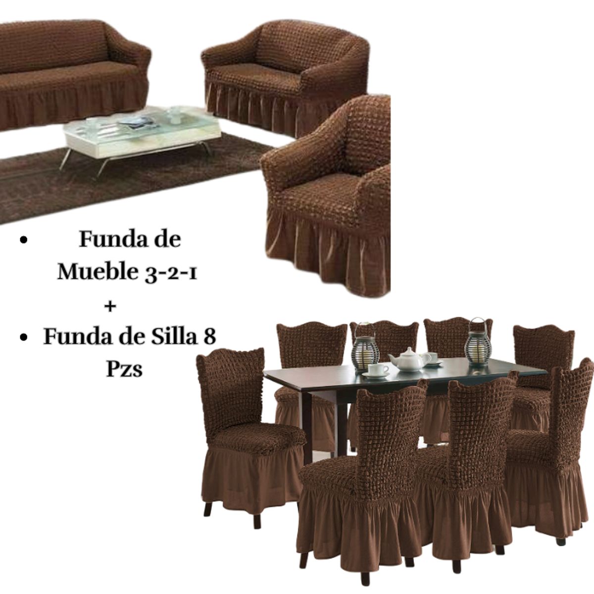 SALA FABULOSA - Pack Funda de mueble 3-2-1 con 8 fundas de silla Burbuja CHOCOLATE