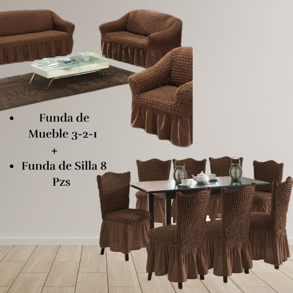 SALA FABULOSA - Pack Funda de mueble 3-2-1 con 8 fundas de silla Burbuja CHOCOLATE