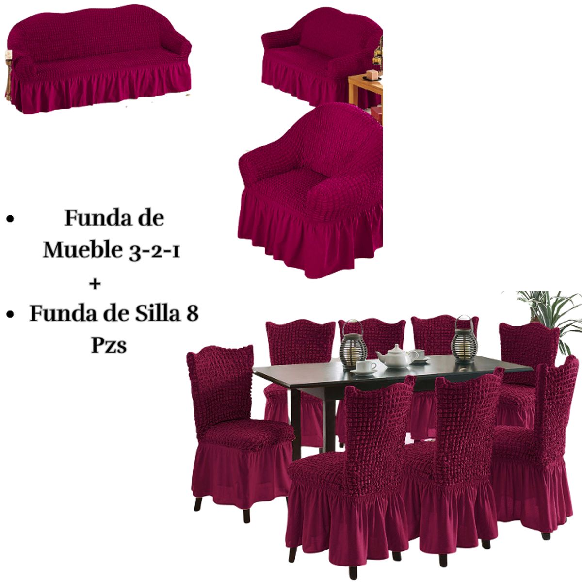 SALA FABULOSA - Pack Funda de mueble 3-2-1 con 8 fundas de silla Burbuja GUINDA