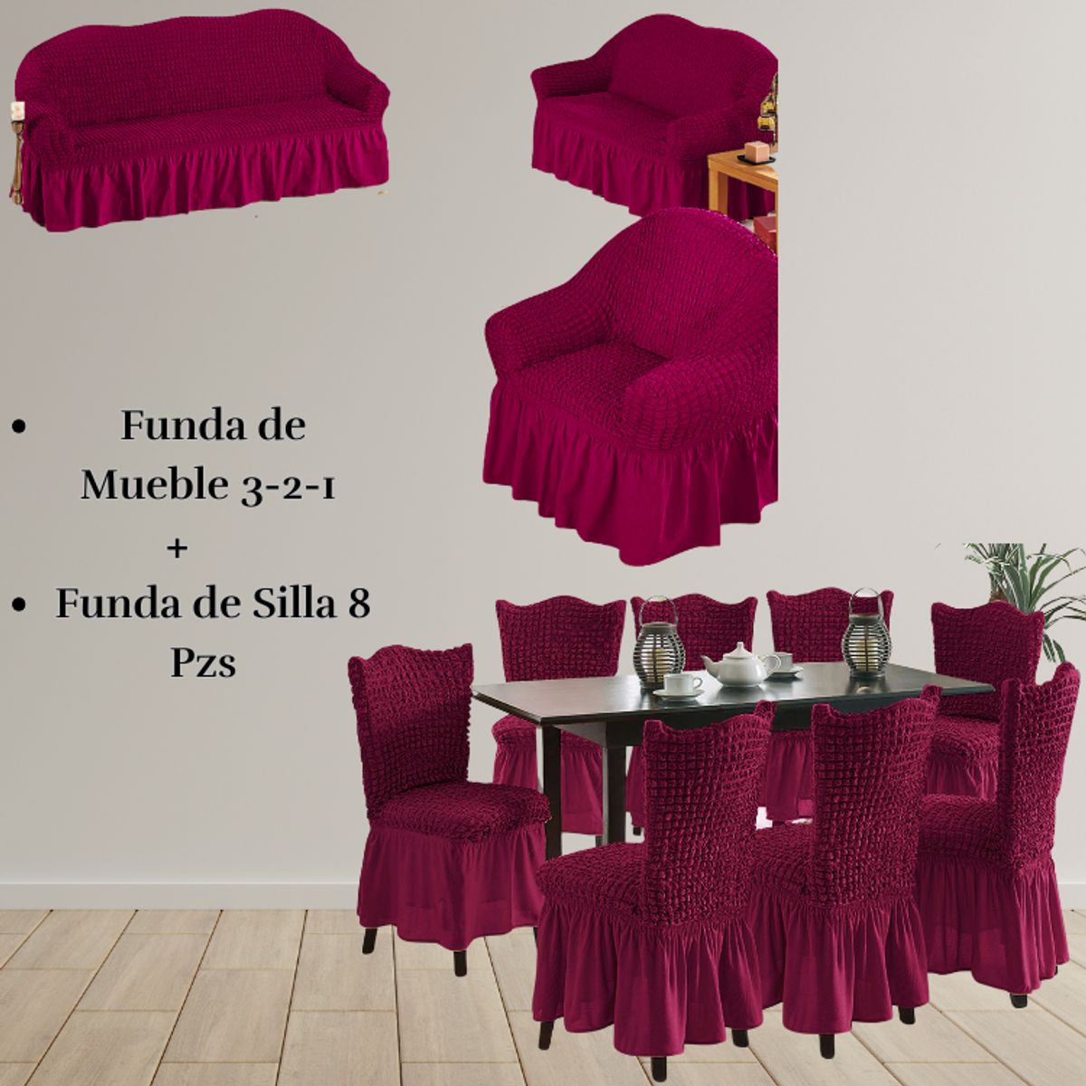 SALA FABULOSA - Pack Funda de mueble 3-2-1 con 8 fundas de silla Burbuja GUINDA