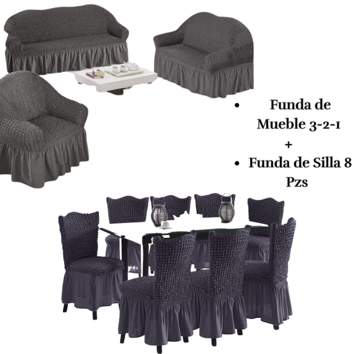 SALA FABULOSA - Pack Funda de mueble 3-2-1 con 8 fundas de silla Burbuja PLOMO