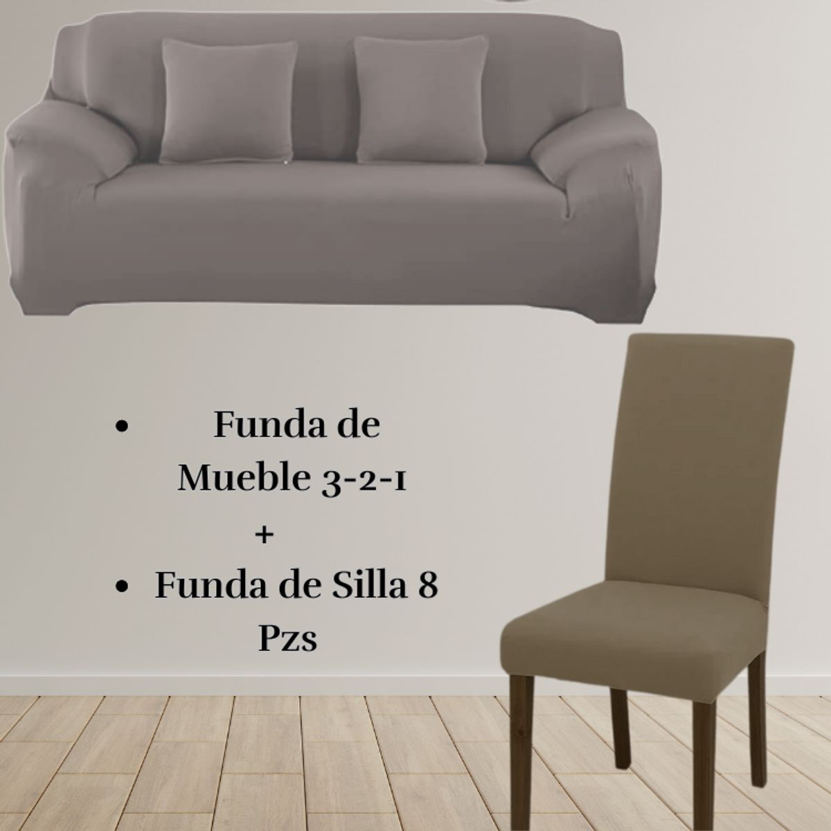 SALA FABULOSA - Pack Funda de Mueble 3-2-1 con 8 Fundas de Silla Lycra ARENA