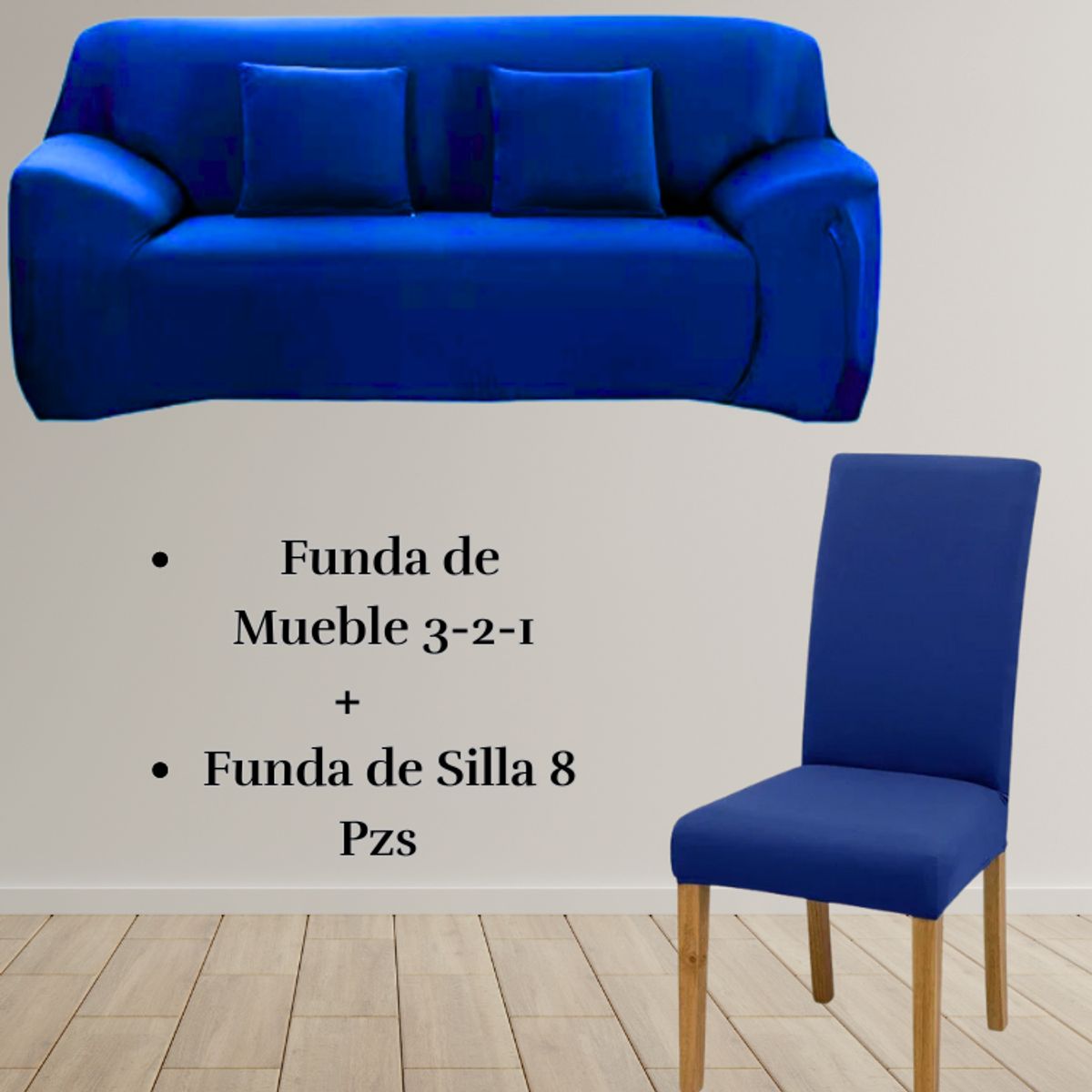 SALA FABULOSA - Pack Funda de Mueble 3-2-1 con 8 Fundas de Silla Lycra AZUL ELÉCTRICO
